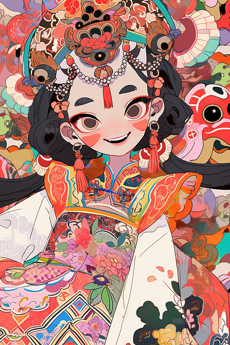 京剧女孩扮相手绘插画