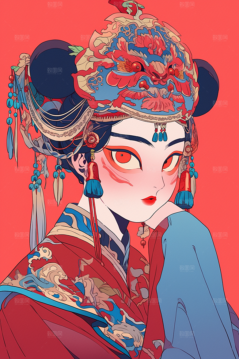京剧女孩国粹传统风格插画