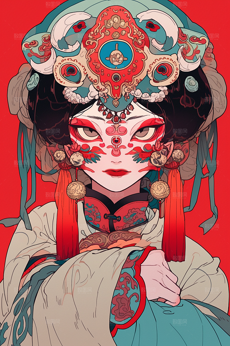 京剧女孩国潮手绘插画