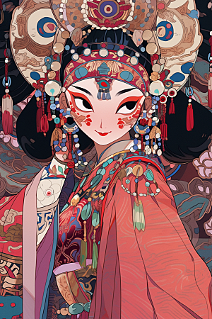 京剧女孩传统风格中式插画
