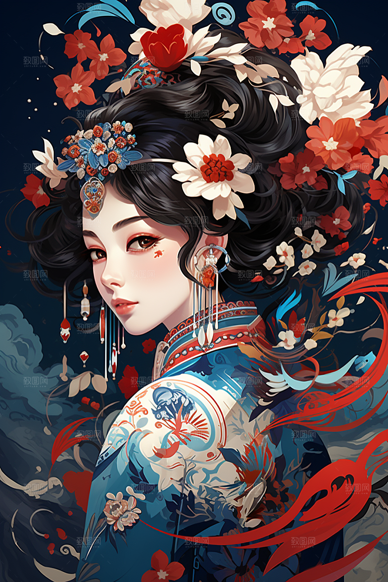 京剧女孩扮相中国风插画