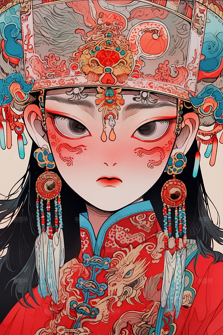 京剧女孩手绘传统风格插画