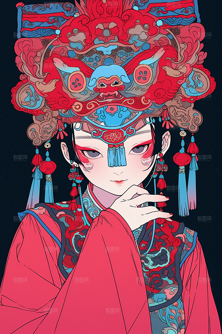 京剧女孩传统风格扮相插画