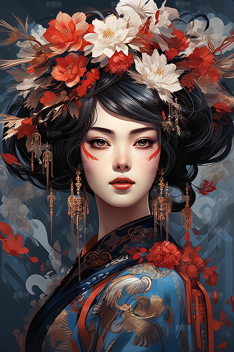 京剧女孩扮相中国风插画