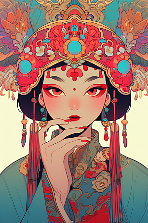 京剧女孩扮相手绘插画