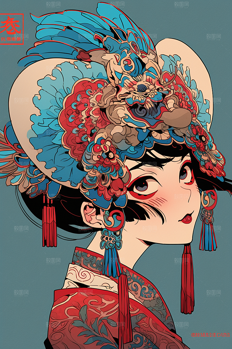 京剧女孩扮相中国风插画
