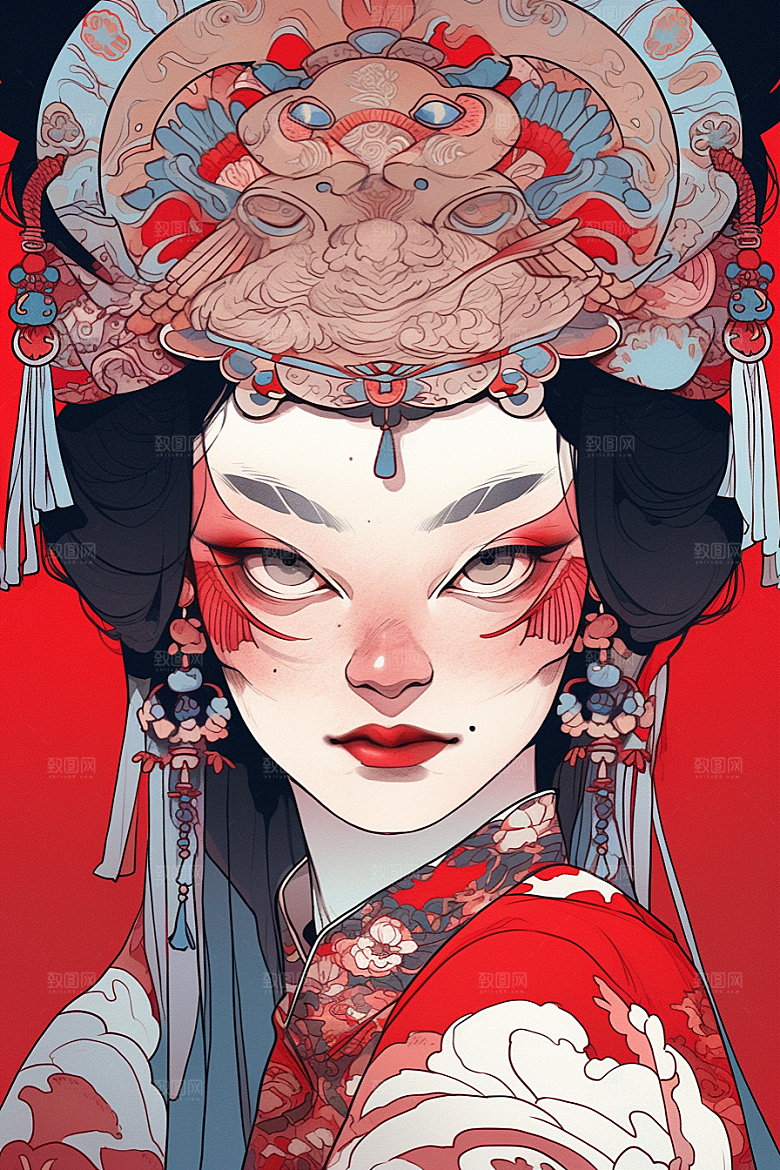 京剧女孩扮相传统风格插画