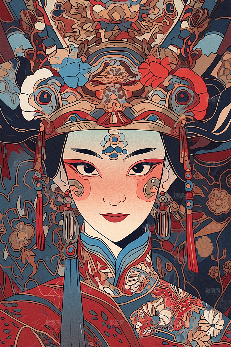 京剧女孩国潮扮相插画