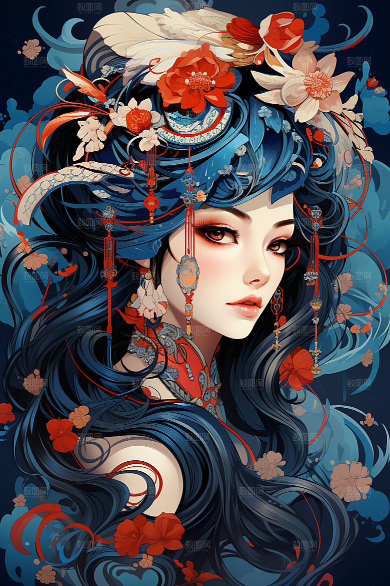 京剧女孩扮相国潮插画