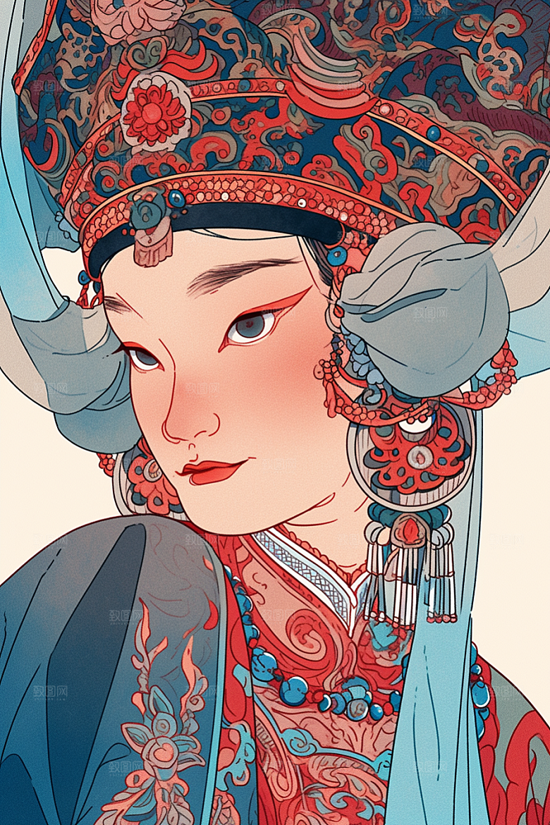 京剧女孩中式手绘插画