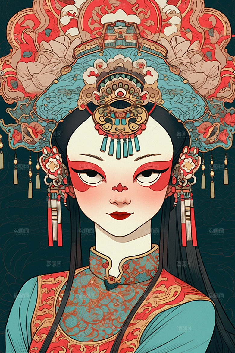 京剧女孩扮相国粹插画