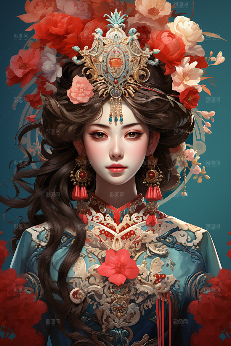 京剧女孩扮相中国风插画