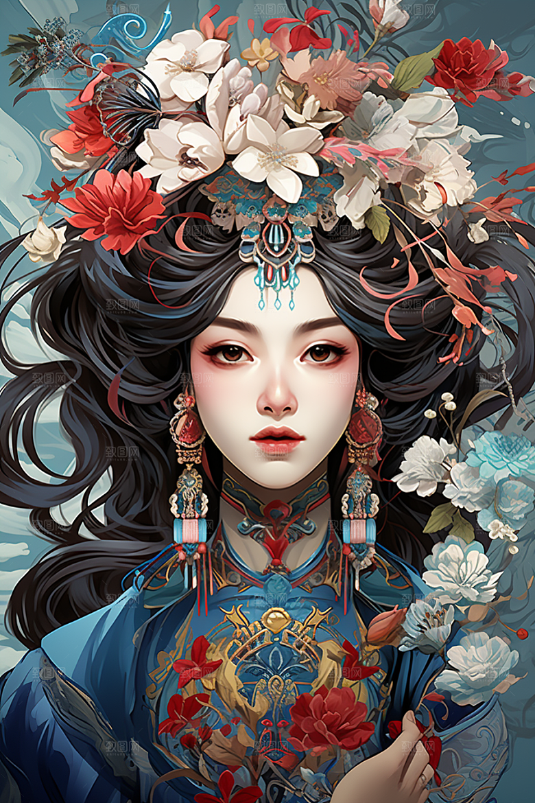 京剧女孩手绘扮相插画