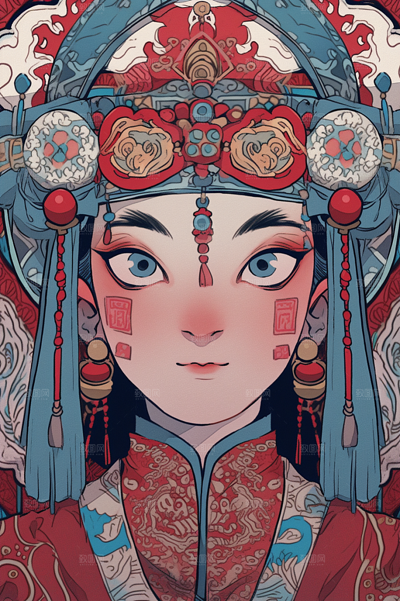 京剧女孩手绘传统风格插画