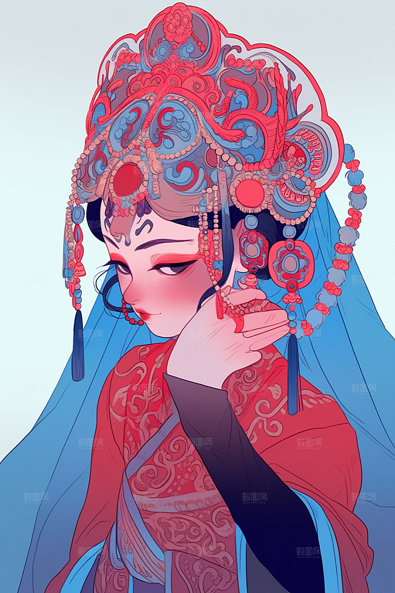 京剧女孩扮相手绘插画