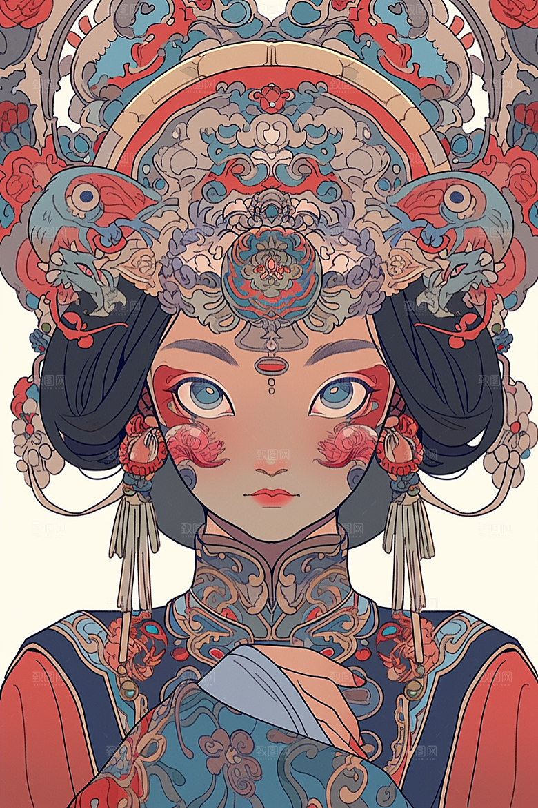 京剧女孩国潮扮相插画