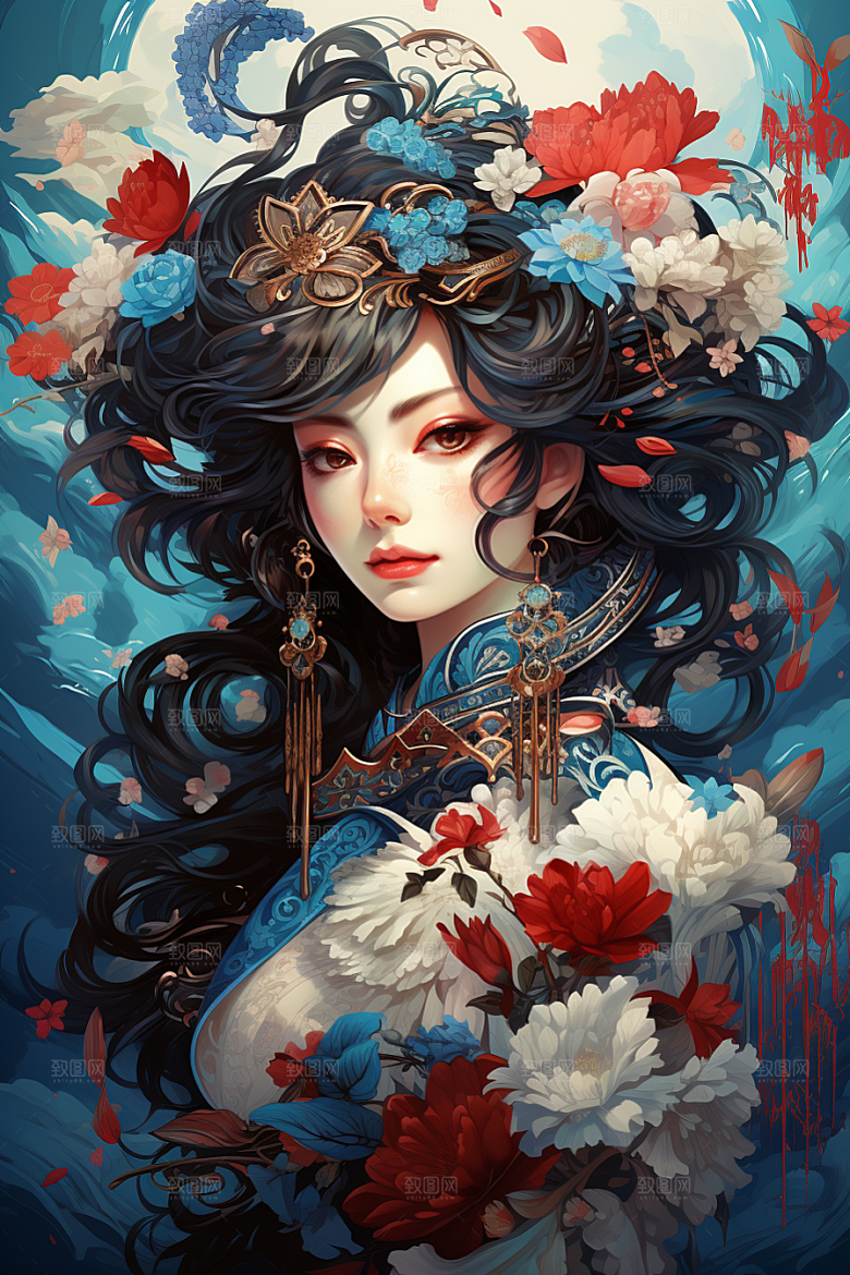 京剧女孩扮相国潮插画