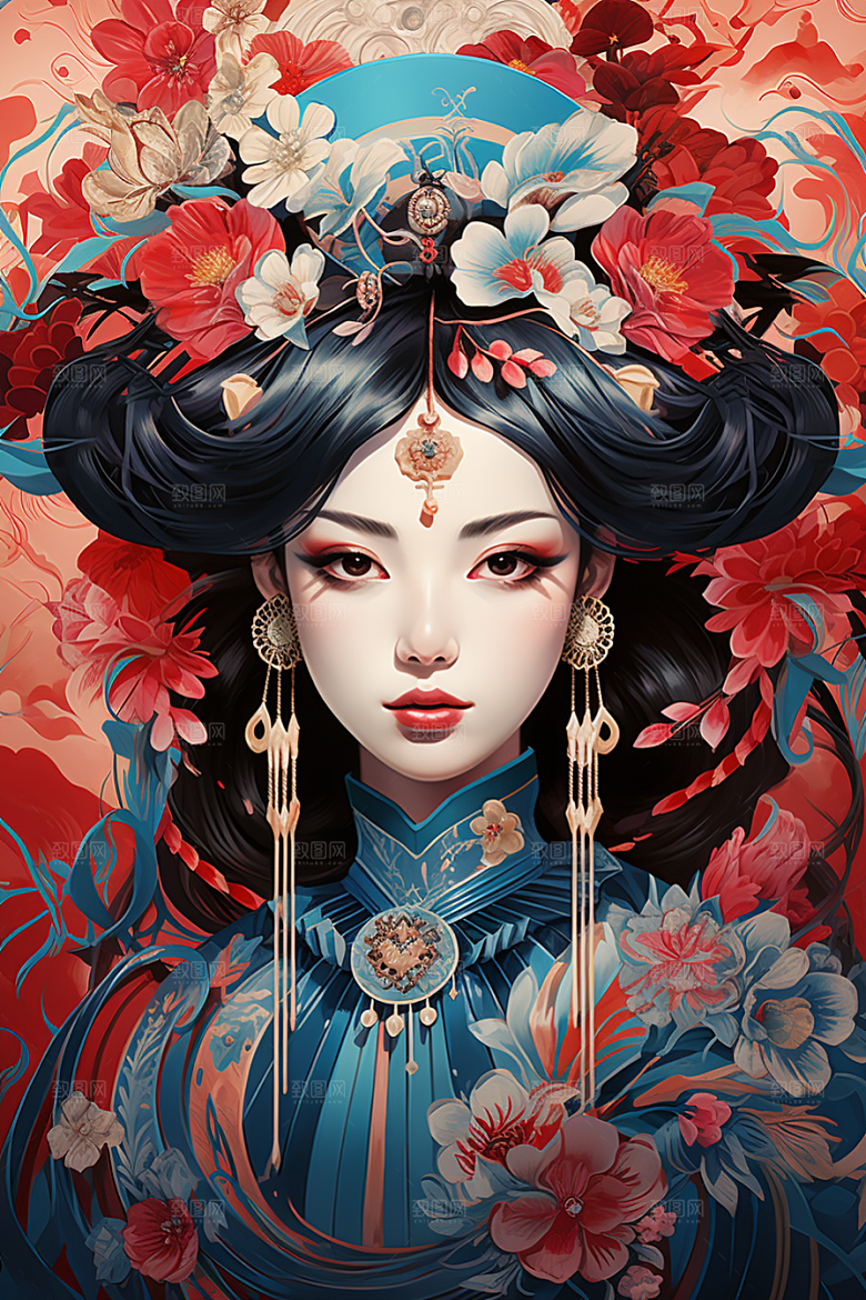 京剧女孩中国风传统风格插画
