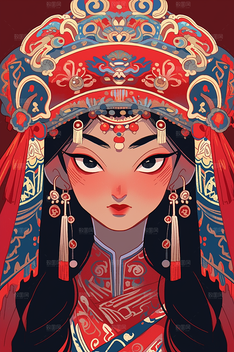 京剧女孩国潮传统风格插画