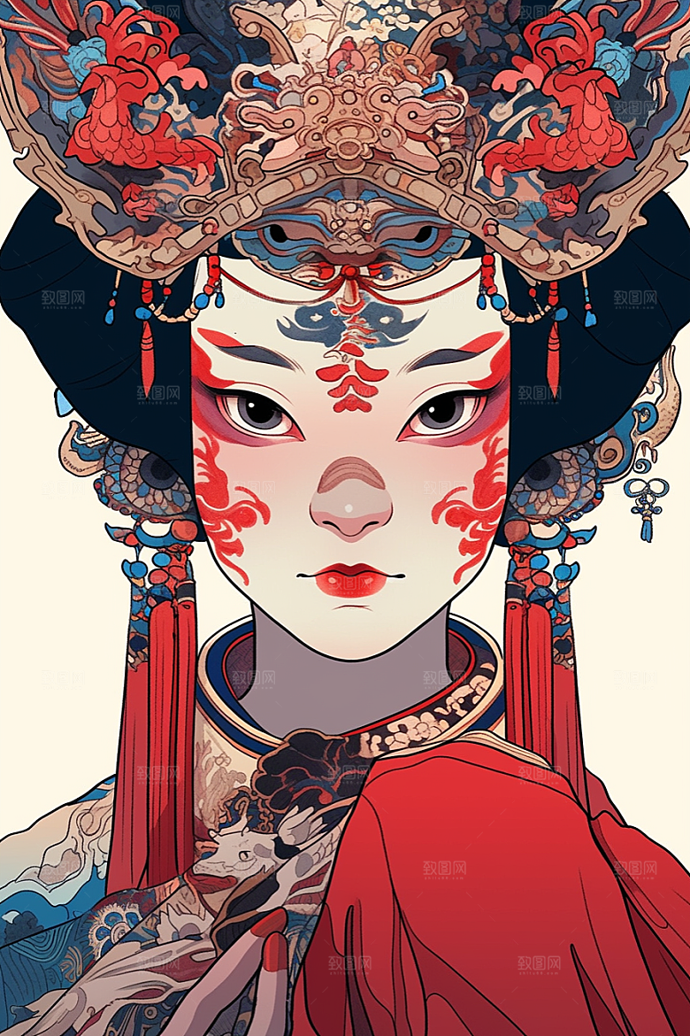 京剧女孩中国风传统风格插画
