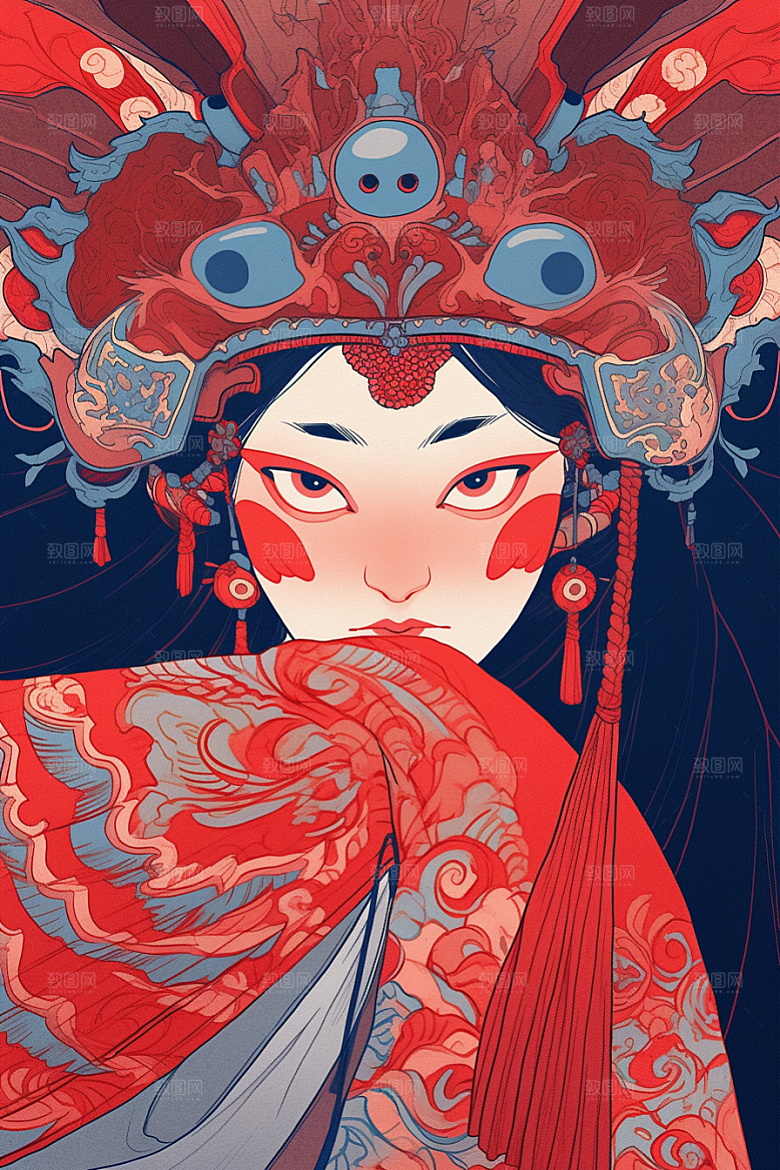 京剧女孩手绘传统风格插画