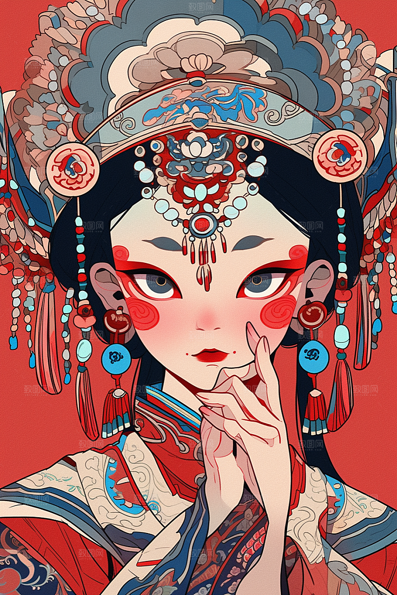 京剧女孩扮相戏剧插画