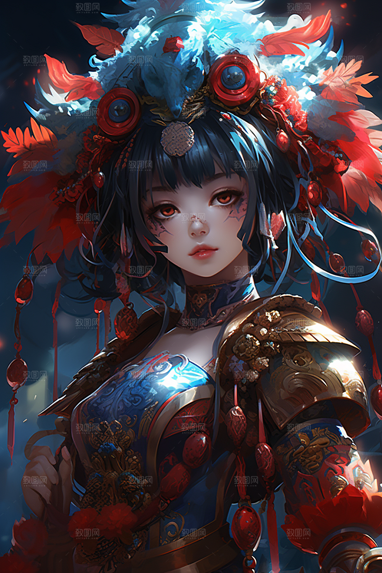 京剧女孩扮相传统风格插画