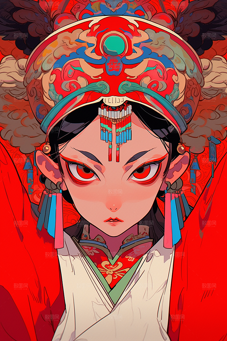 京剧女孩扮相国潮插画