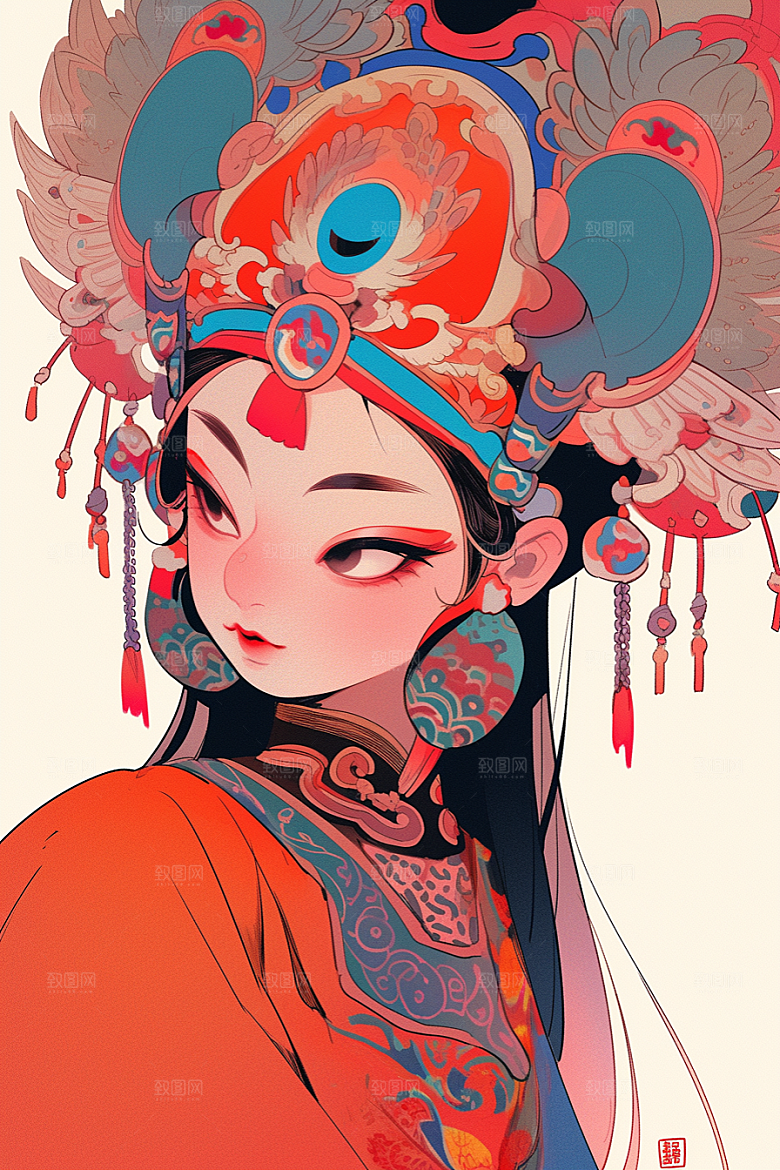 京剧女孩扮相国粹插画