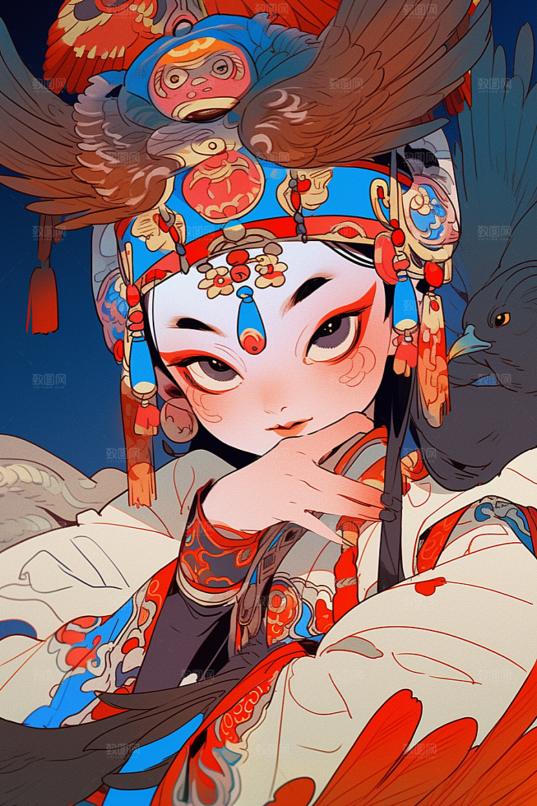 京剧女孩中式手绘插画