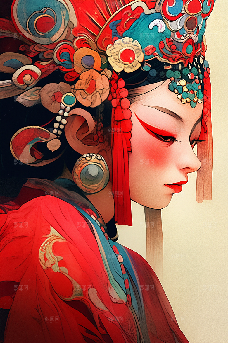 京剧女孩扮相戏剧插画