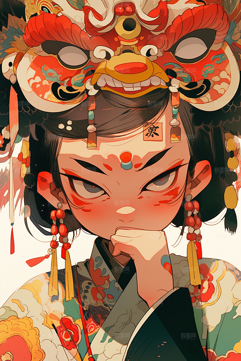 京剧女孩扮相戏剧插画