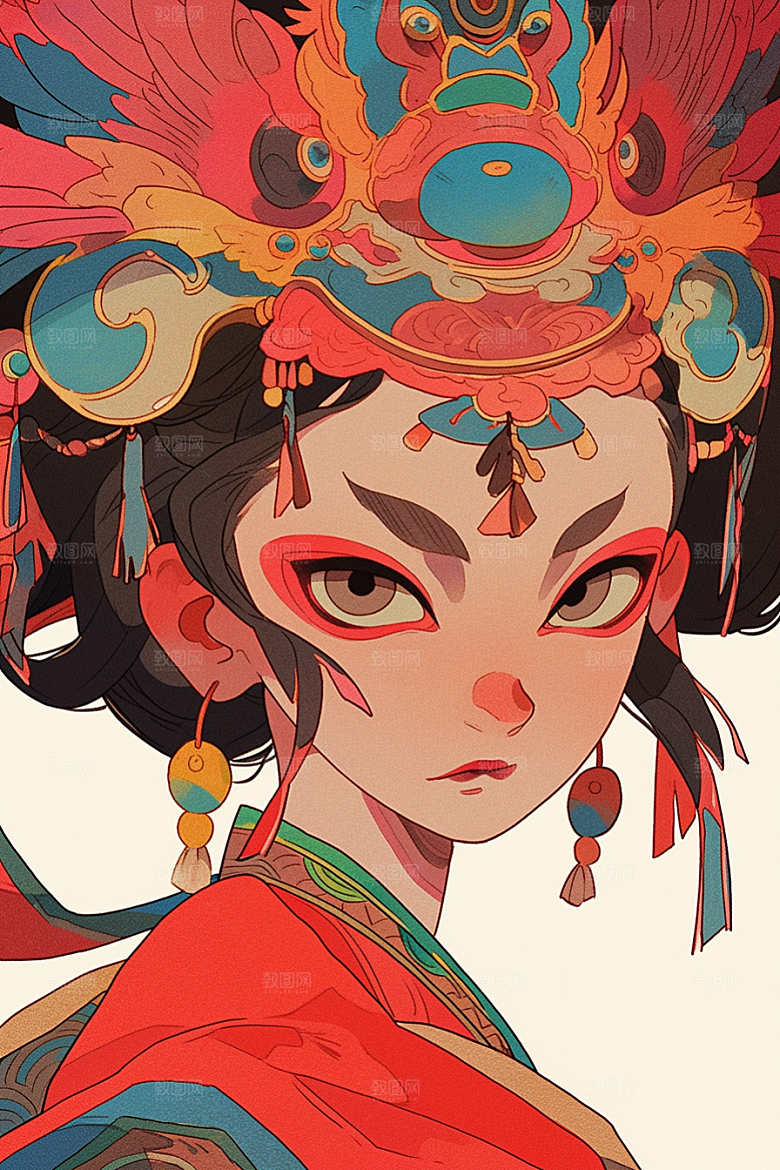 京剧女孩扮相传统风格插画