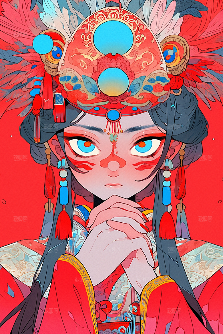 京剧女孩扮相传统风格插画