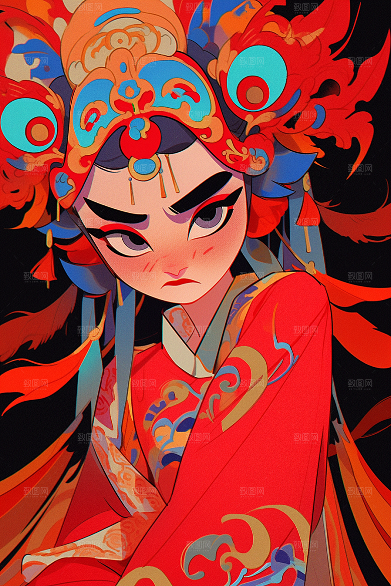 京剧女孩传统风格手绘插画