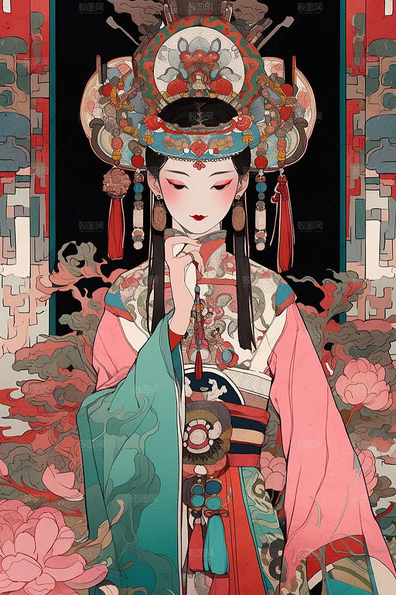 京剧女孩中国风手绘插画