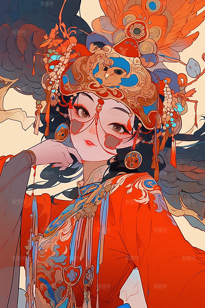 京剧女孩扮相中国风插画