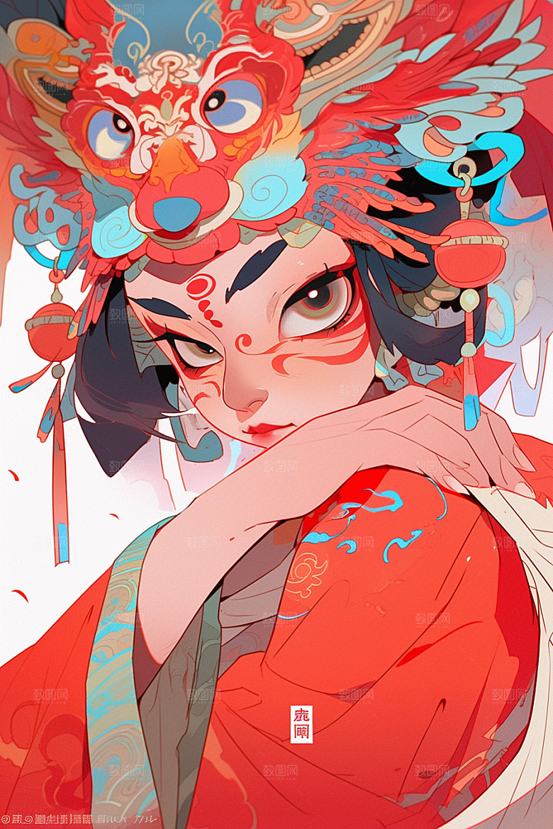京剧女孩扮相手绘插画