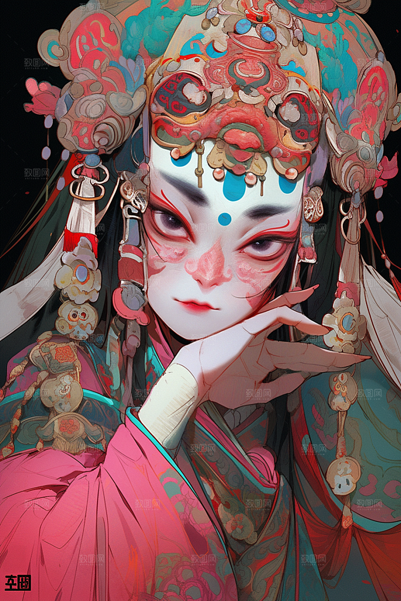 京剧女孩扮相传统风格插画