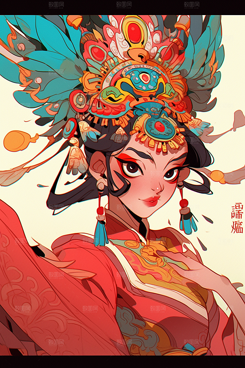 京剧女孩中国风传统风格插画