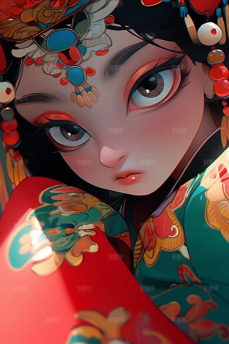 京剧女孩扮相手绘插画