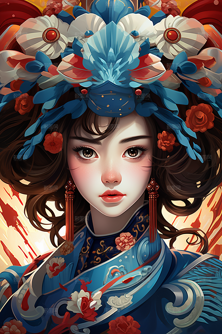 京剧女孩中国风扮相插画