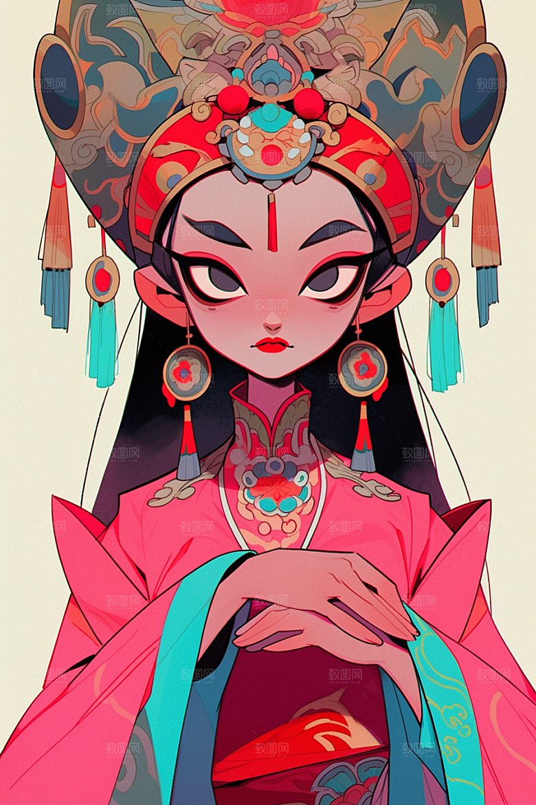 京剧女孩手绘扮相插画