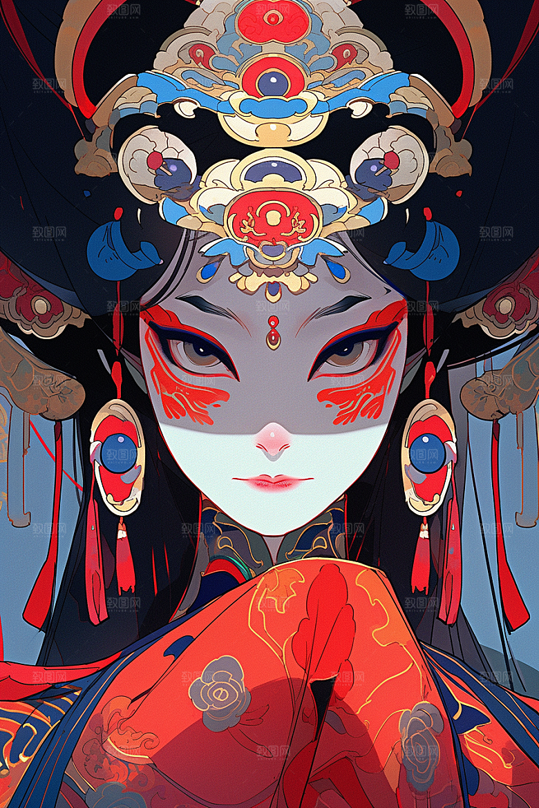 京剧女孩扮相手绘插画