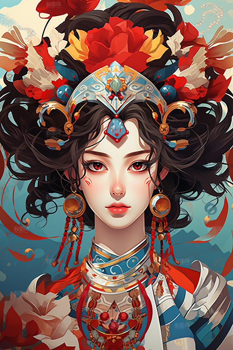 京剧女孩中国风传统风格插画