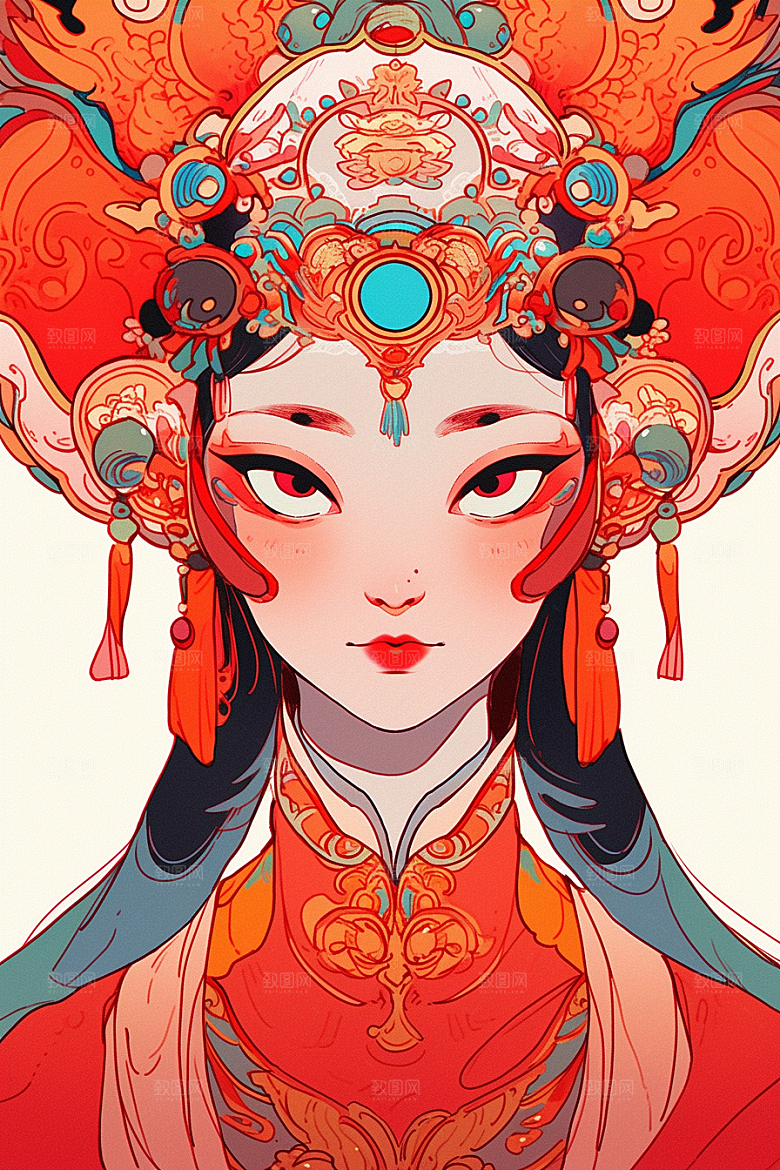 京剧女孩国潮传统风格插画