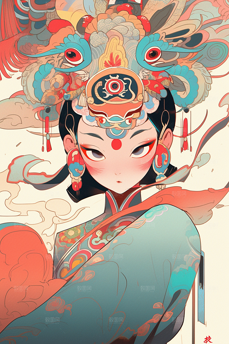 京剧女孩扮相国粹插画