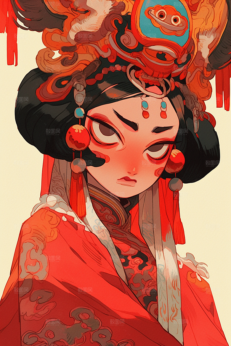 京剧女孩手绘中式插画