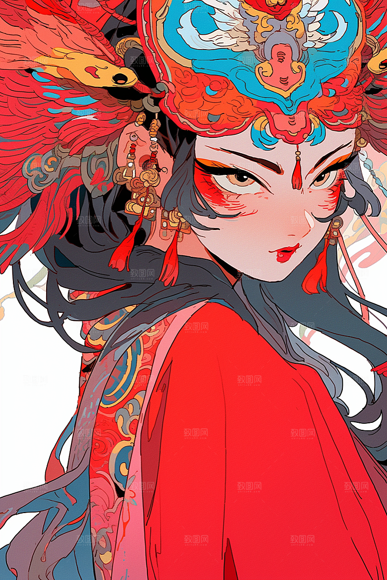 京剧女孩扮相国潮插画