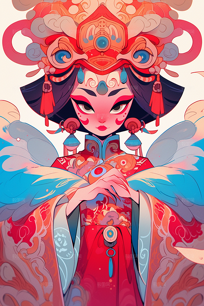 京剧女孩中国风传统风格插画